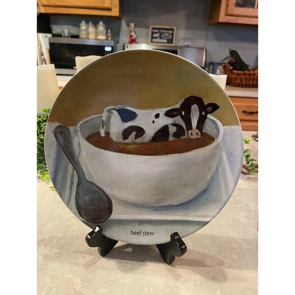 Country Farmhouse Cottagecore Cow Plate Cow In A Bowl Of Beef Stew Funny Farm 9” - Picture 5 of 5